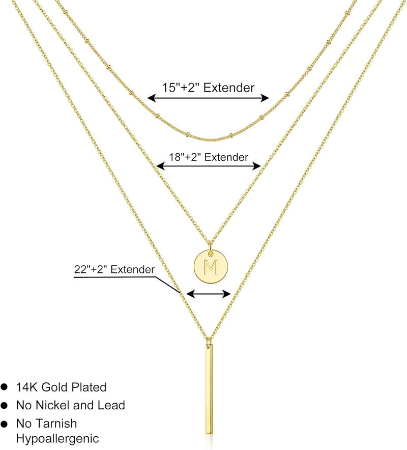 Vjoypro Initial Layered Necklaces for Women, 14K-Gold-Plated Coin Letter Necklace Bar Stacking Layer Necklace Multi Bar Layering Y-Necklaces Jewelry for Women - Image 4